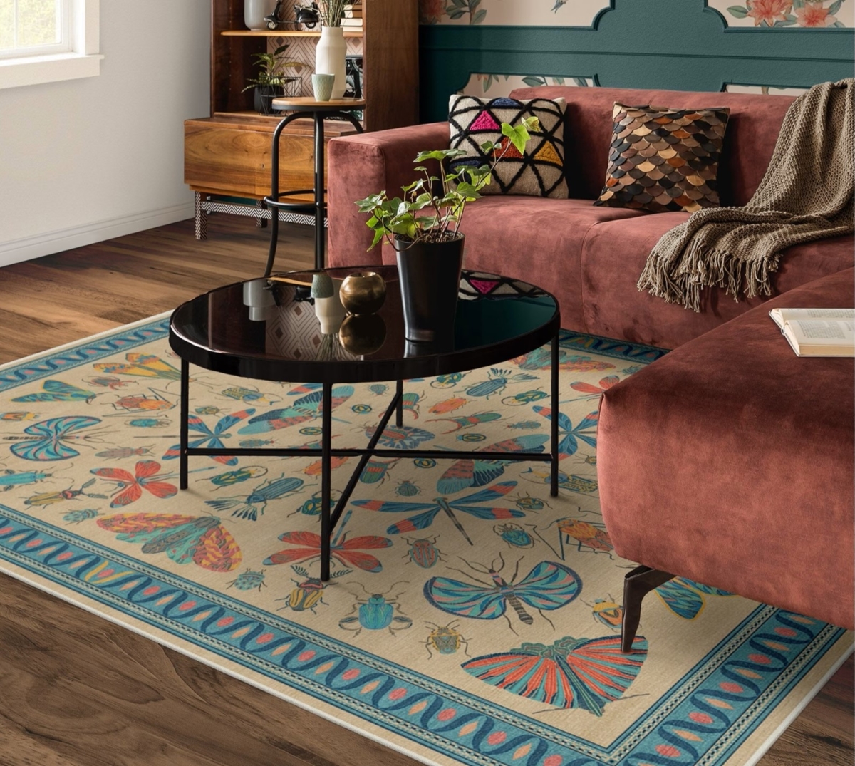 Multicolor rug in colorful living area.