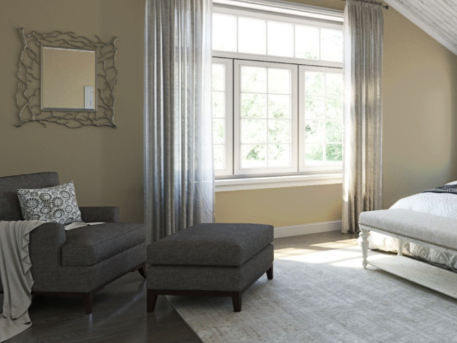 arm chair in room with beige walls