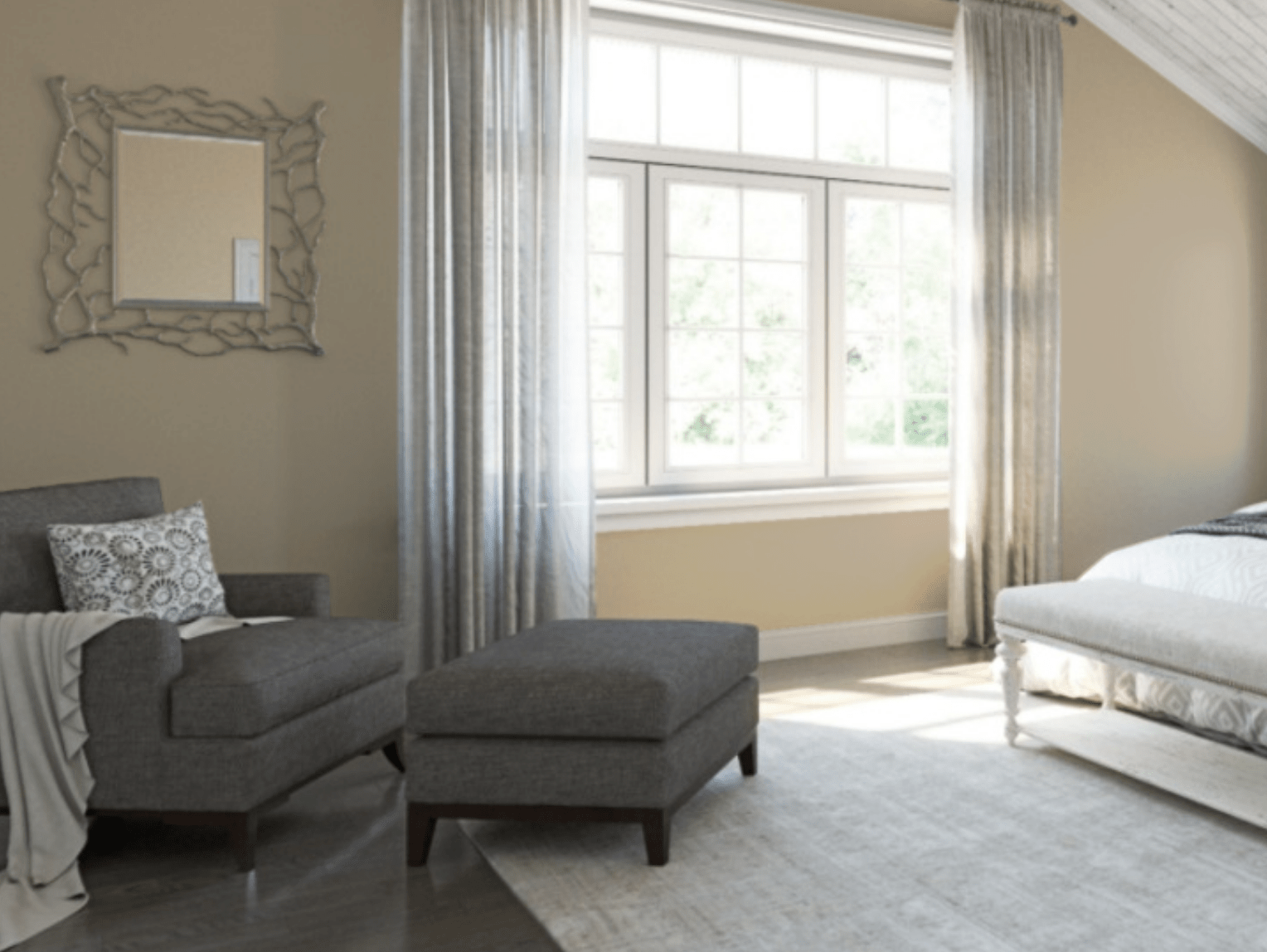 arm chair in room with beige walls
