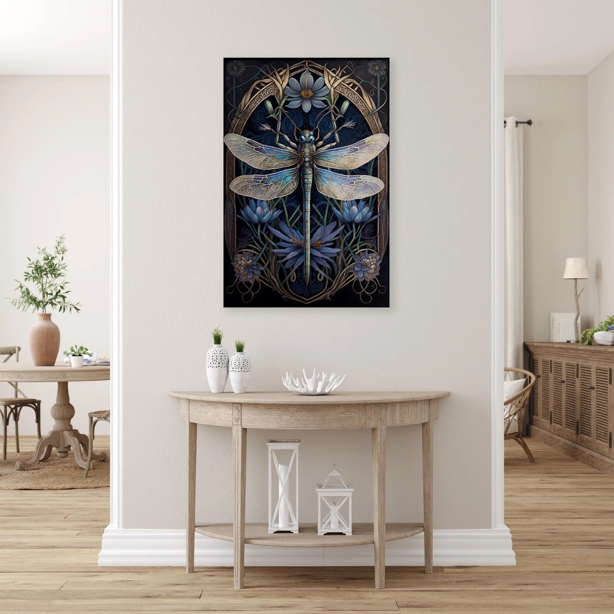 Large dragonfly art hanging on wall.