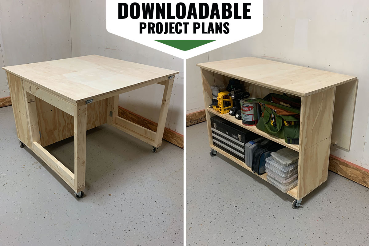 Finished workbench project in a clean home workshop with a graphic overlay that says downloadable project plans.