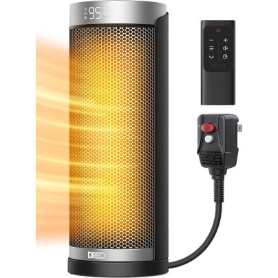 The Dreo Solaris Slim H3 Space Heater on a white background with an illustration of orange waves representing glowing heat.