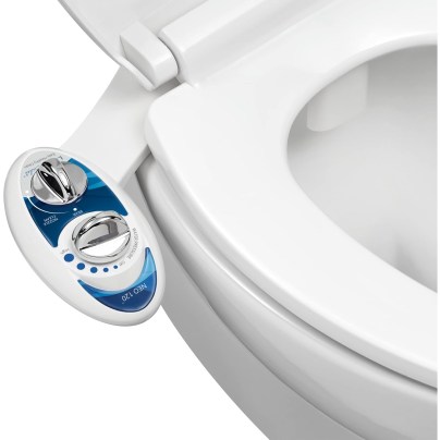 The Luxe Bidet Neo 120 Bidet Attachment installed on a toilet.