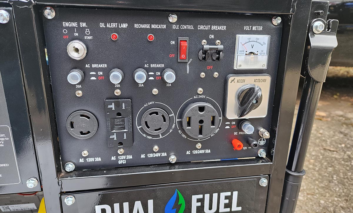 The control panel of the DuroMax XP12000EH dual-fuel generator.