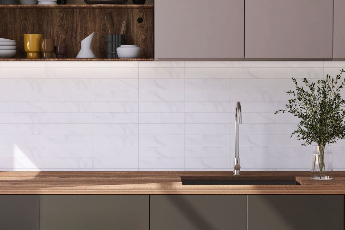 Minimal Built-in Gray Kitchen With White Tile Backsplash