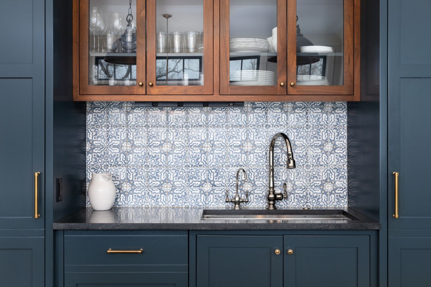 Blue Cabinets Kitchen Backsplash With Mosaic Tile