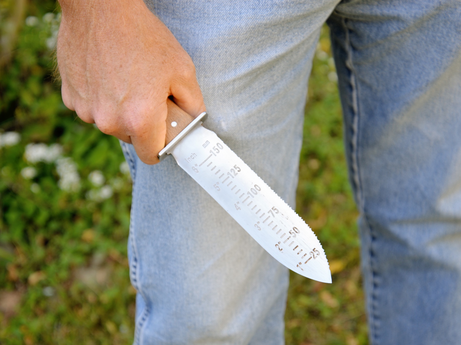 A person holding the Truly Garden hori hori knife next to their leg to show its depth gauge.