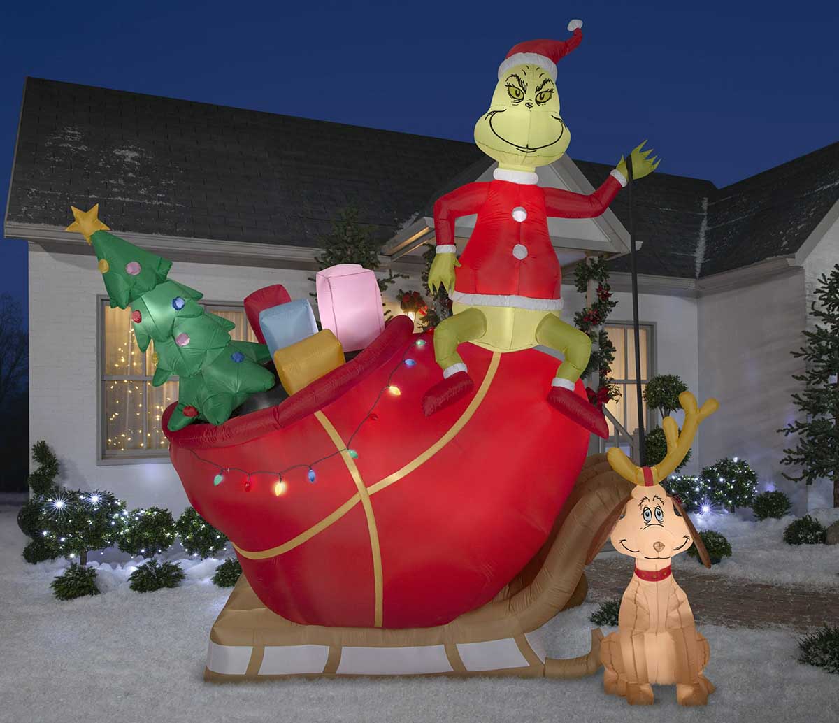 The Best Christmas Inflatables Option Gemmy Christmas Inflatable Grinch and Max in Sleigh