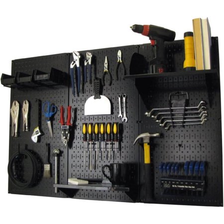  The Wall Control Metal Pegboard Standard Tool Storage Kit on a white background loaded with hand and power tools.