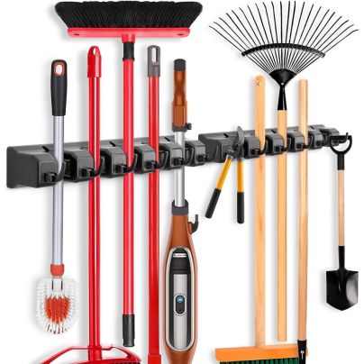 The Imillet 2-Pack Mop and Broom Holder on a white background and fully loaded with yard tools, mops, and brooms.