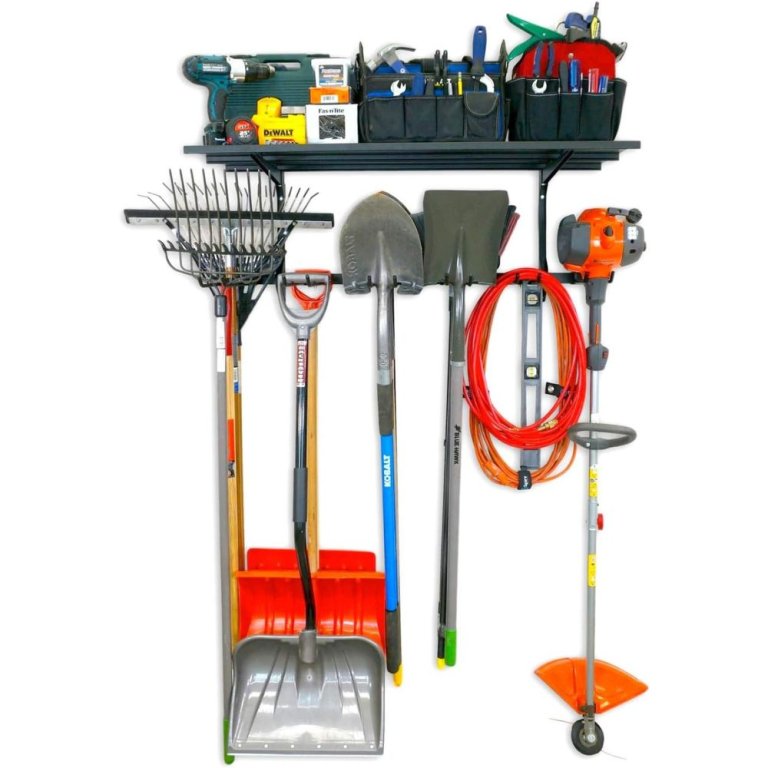  The StoreYourBoard Tool Max Garage Storage Rack fully loaded with tools for the home and yard.