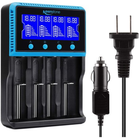  The Keenstone 18650 Smart Universal Battery Charger with a DC charger and AC wall plug on a white background.