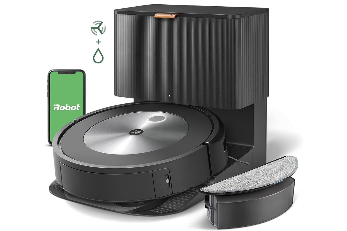 iRobot Roomba j5+ Robot Vacuum Mop with Smartphone Displaying iRobot Mobile App