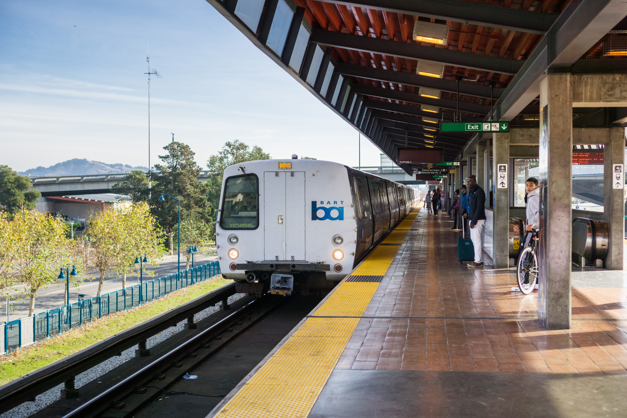 BART train arriving at the Coliseum stop, Richmond bound, east in Oakland