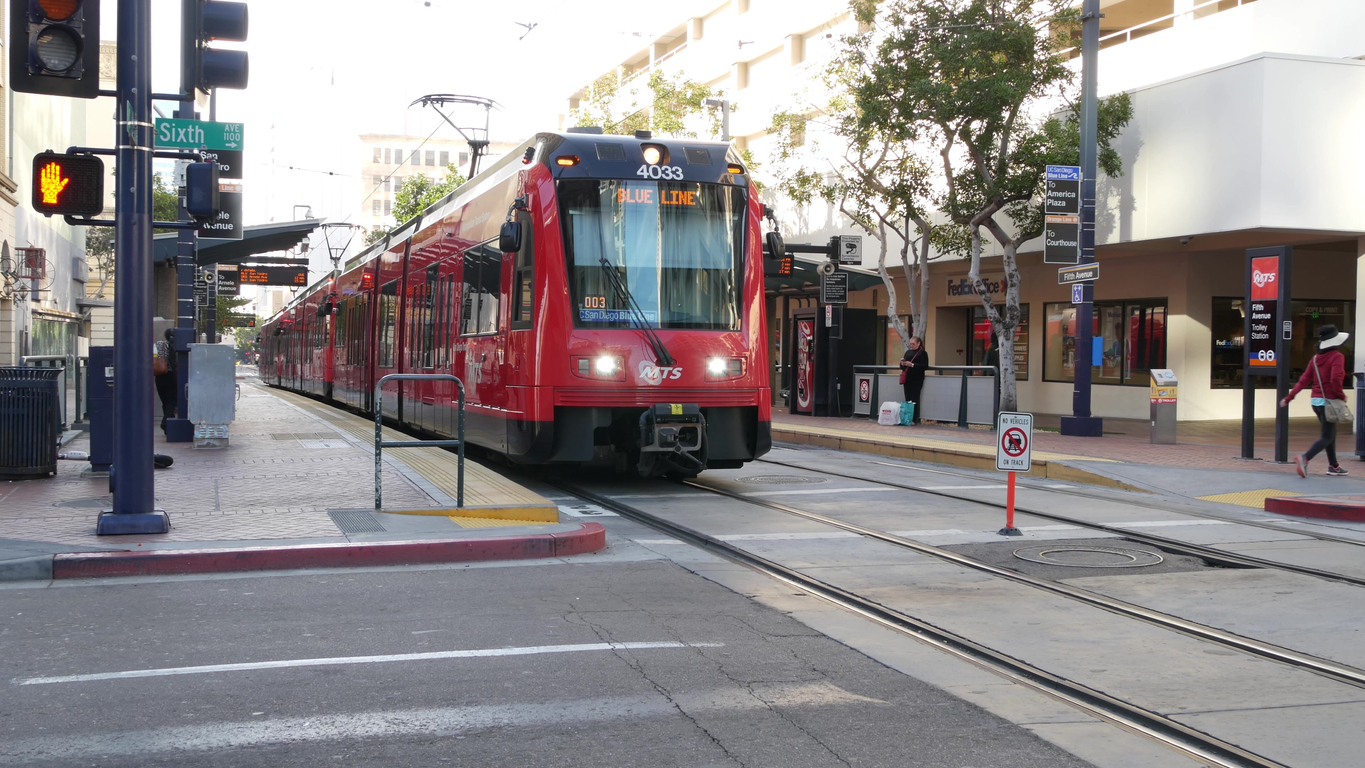 A trolley on the electric tramline in the Gaslamp quarter of San Diego.