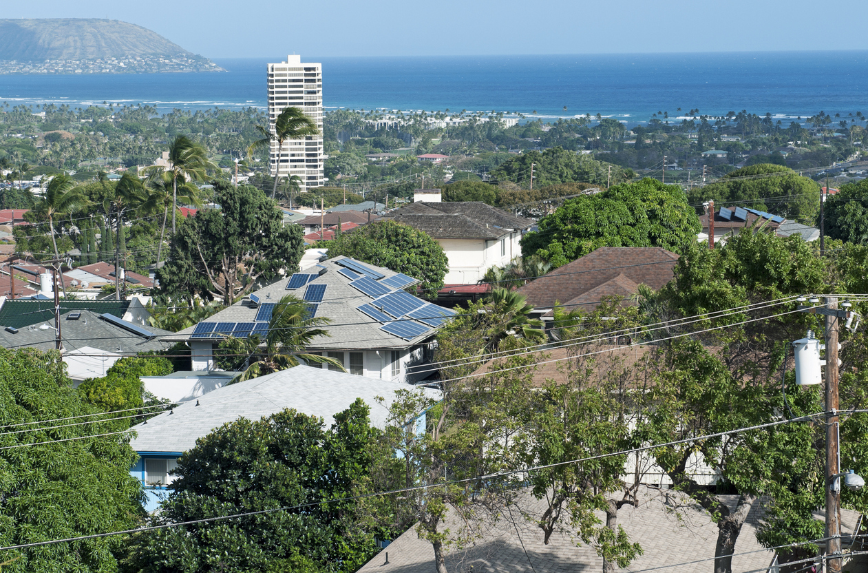 View over Honolulu neighborhood across bay toward Koko Head HI