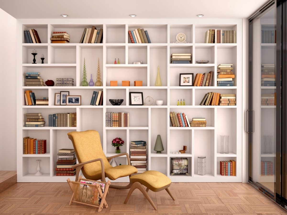 White built-in bookcase.