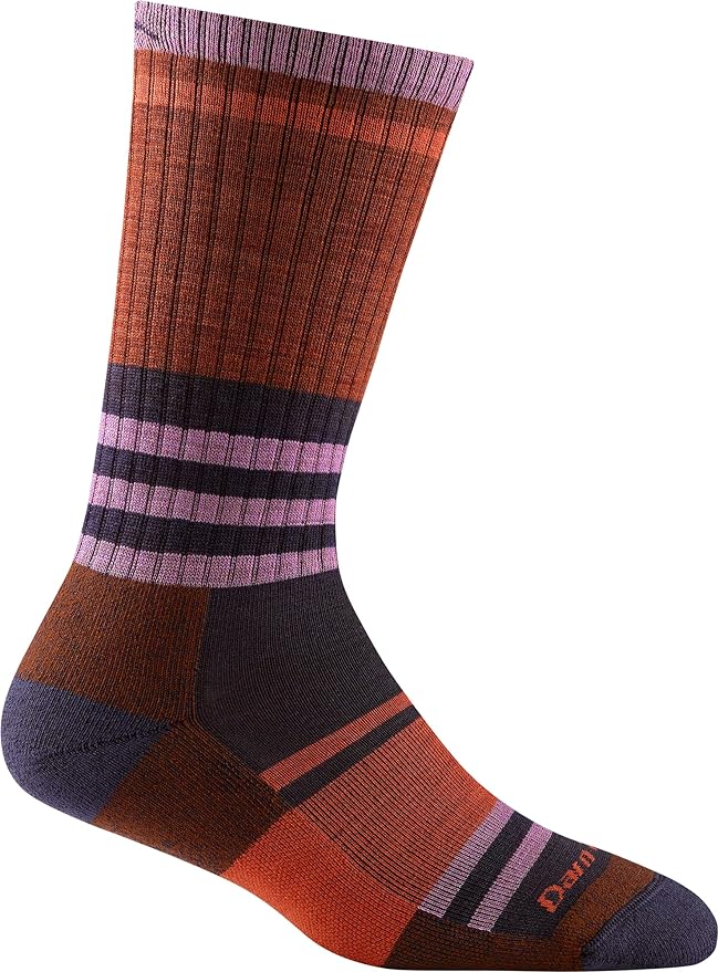 A-red-and-purple-striped-sock-by-Darn-Tough-is-modeled-on-a-foot.
