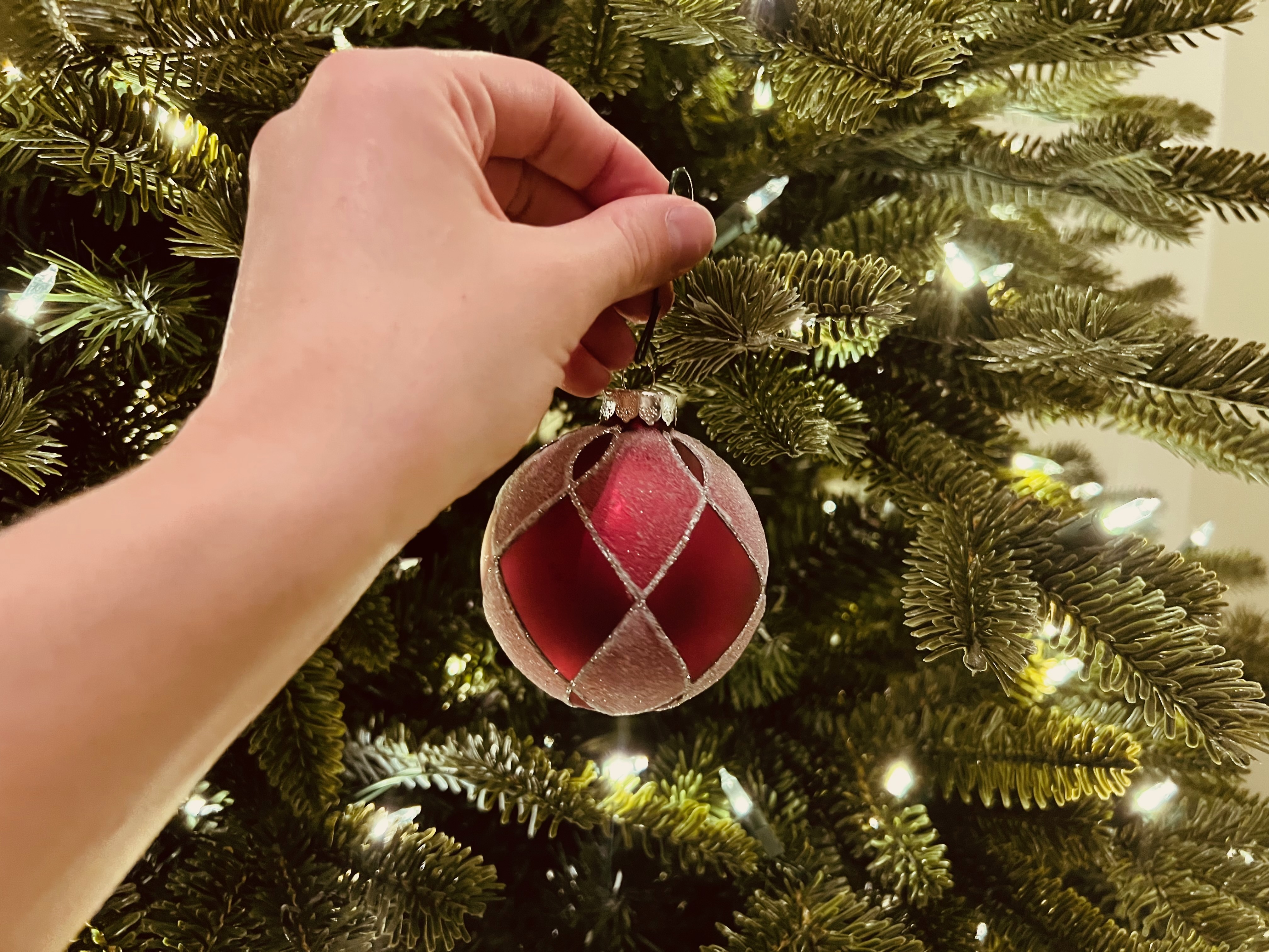 A hand placeing a red frosted ball ornament on a Balsam Hill Fraser fir artificial Christmas tree