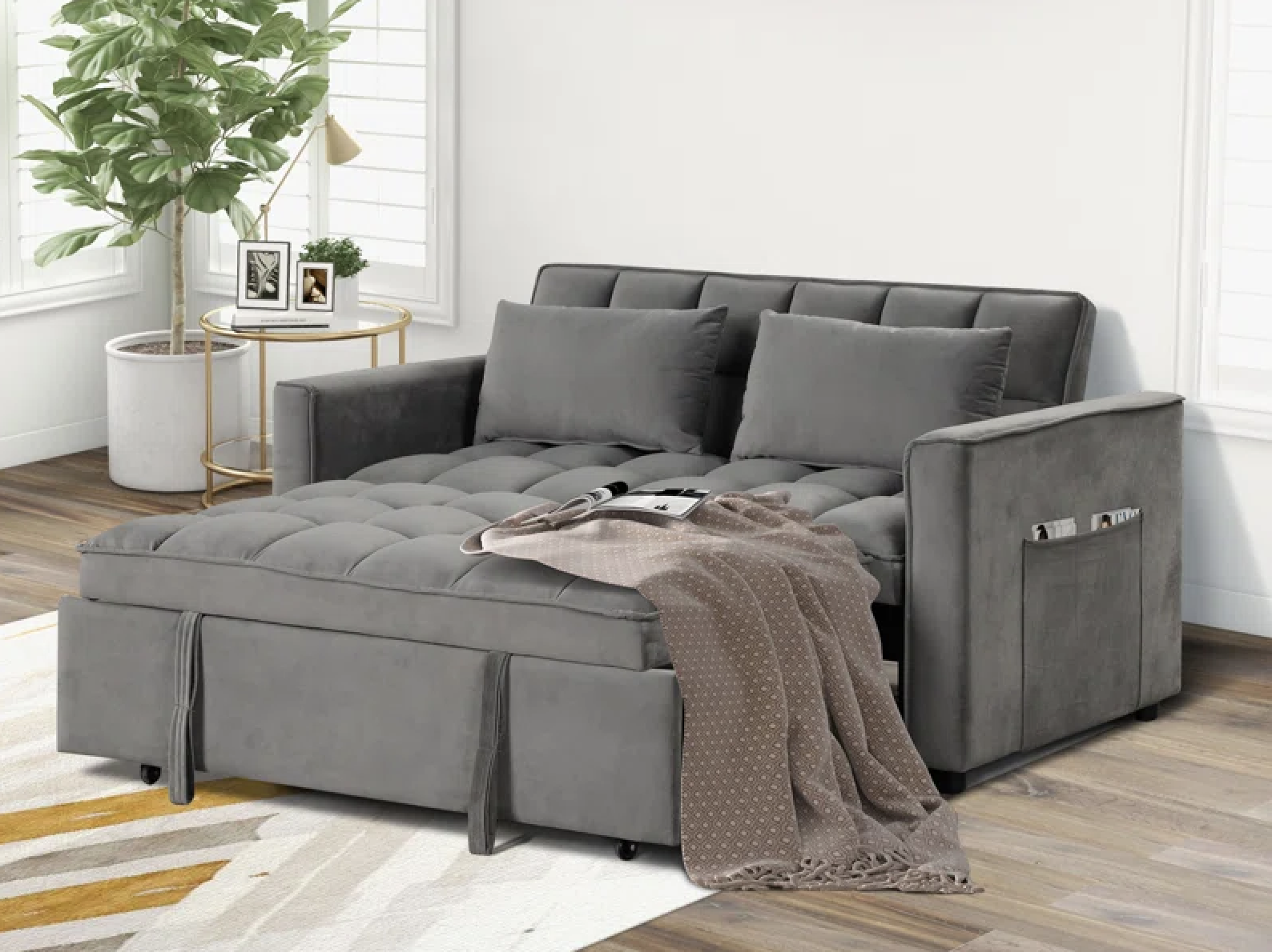 Wide Convertible Velvet Sleeper Sofa Bed with Reclining Backrest and 2 Throw Pillows
