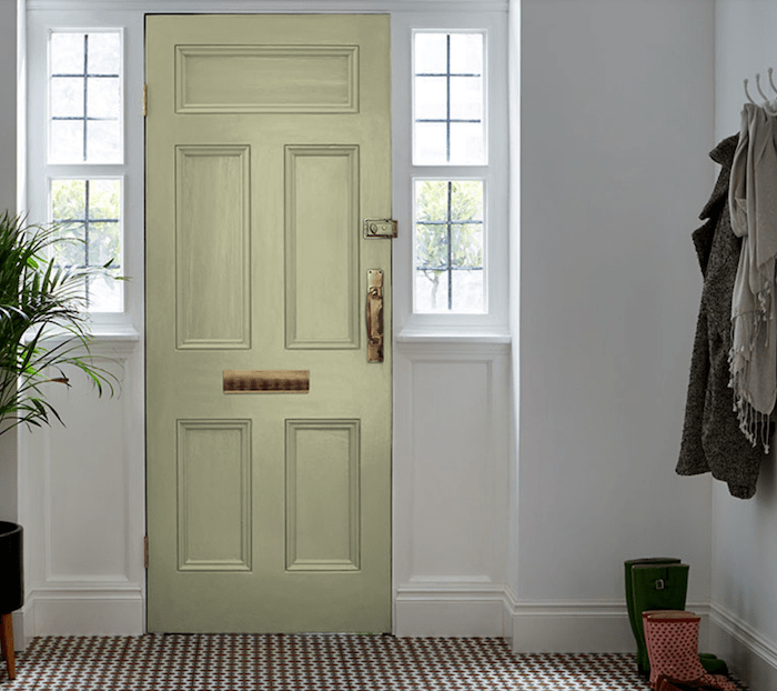 Doorway painted in &ldquo;Viridis&rdquo; paint color with checkered tile.