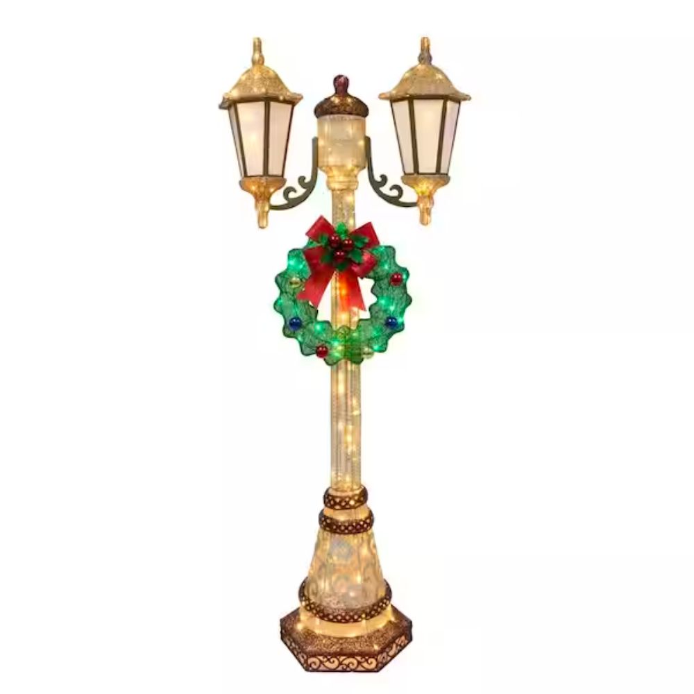 The Best Outdoor Christmas Decorations Option: Gold Lighted Lamp Post with Twinkling Lights