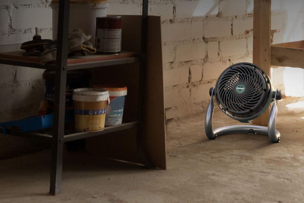 The Vornado EXO51 Heavy-Duty Small Air Circulator next to a cement wall and shelf with painting supplies.
