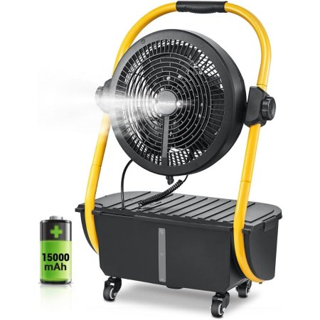  TheGeek Aire 12-Inch Rechargeable Outdoor Misting Fan on its rolling cart next to its battery and blowing a cool-looking mist from its blades.