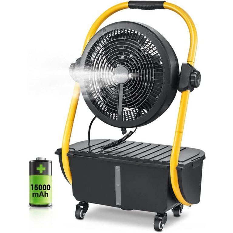  TheGeek Aire 12-Inch Rechargeable Outdoor Misting Fan on its rolling cart next to its battery and blowing a cool-looking mist from its blades.