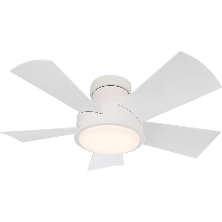  The Modern Forms Vox 38 Smart Outdoor Fan with its light on on a white background.