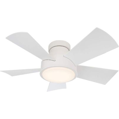 The Modern Forms Vox 38 Smart Outdoor Fan with its light on on a white background.