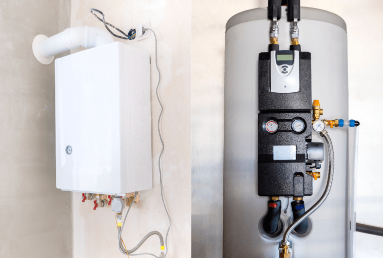 A boiler (left) and a solar-powered hot water tank (right) in residential spaces.