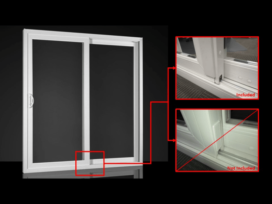 product shot of MI Windows and Doors sliding door with inserts demonstrating malfunctions.