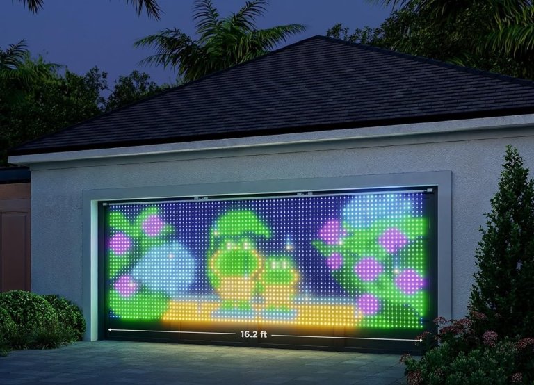 Govee curtain light on the side of an outdoor building.