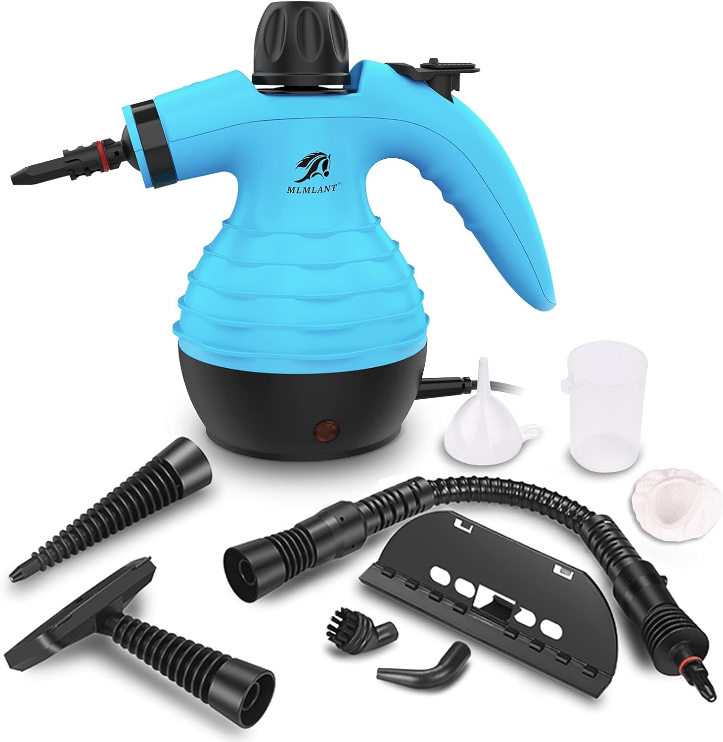 A blue handheld steamer is surrounded by accessories.