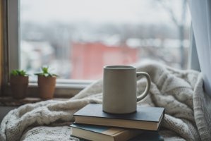 Mug on books and blanket.
