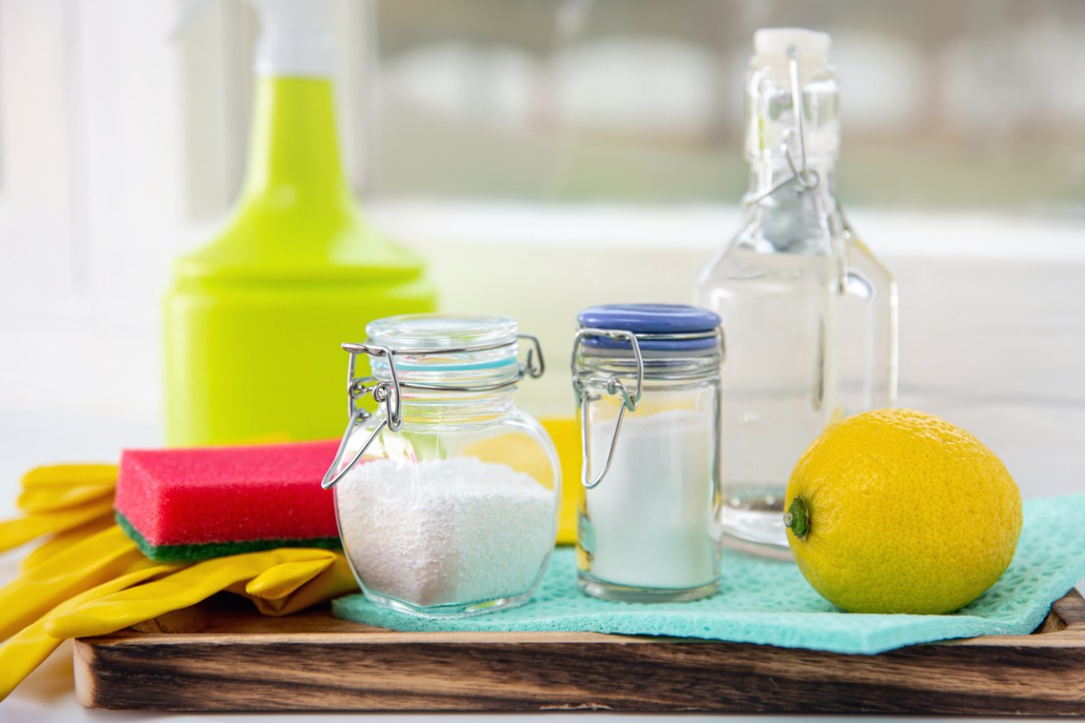 A-collection-of-household-products-in-clear-glass-jars-sits-with-a-sponge-and-a-lemon.