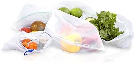 Fruit and vegetables are stored in white mesh reusable bags.
