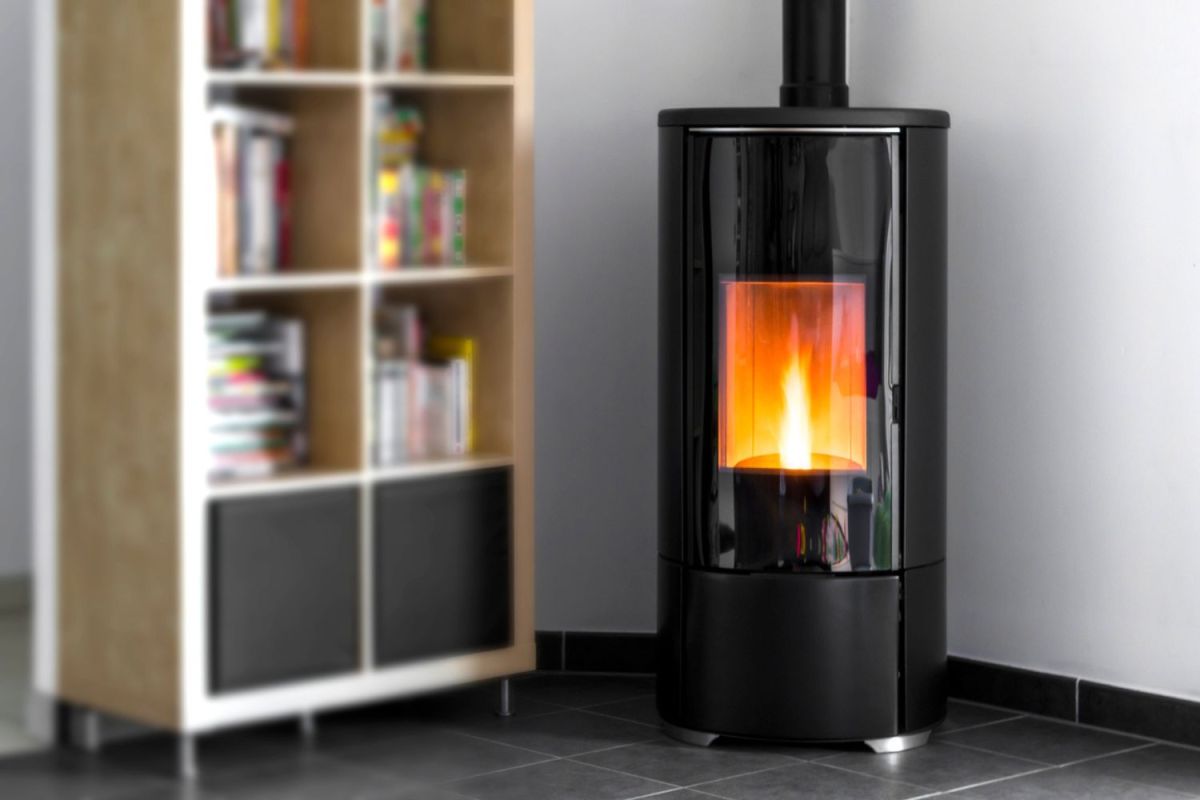 How Much Does Pellet Stove Installation Cost: Close-up view of a pellet stove installation in a modern living room