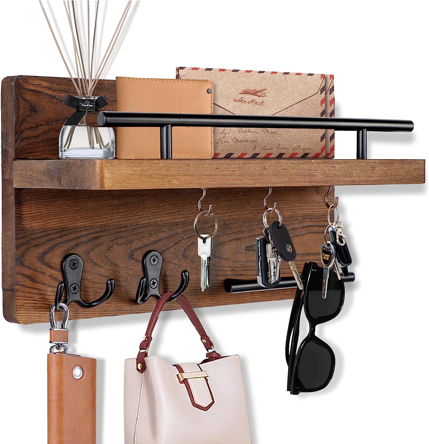 Hangers for Wall Decorative with 5 Key Hooks, Wooden Mail Rack Organizer with Shelf