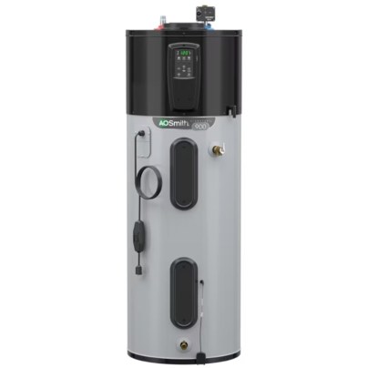 The A.O. Smith Hybrid Electric Heat Pump Water Heater on white background.