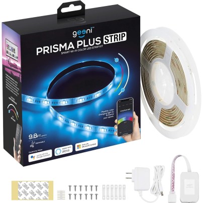 A roll of Geeni Prisma Plus Smart Wi-Fi LED Strip Lights, box, and installation pieces.