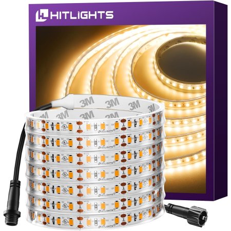  A roll of HitLights Outdoor Single-Color LED Strip Lights and their box on a white background.