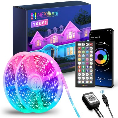The Nexillumi Waterproof LED Strip Lights, box, remote, wall plug, and a phone showing the Nexillumi app.