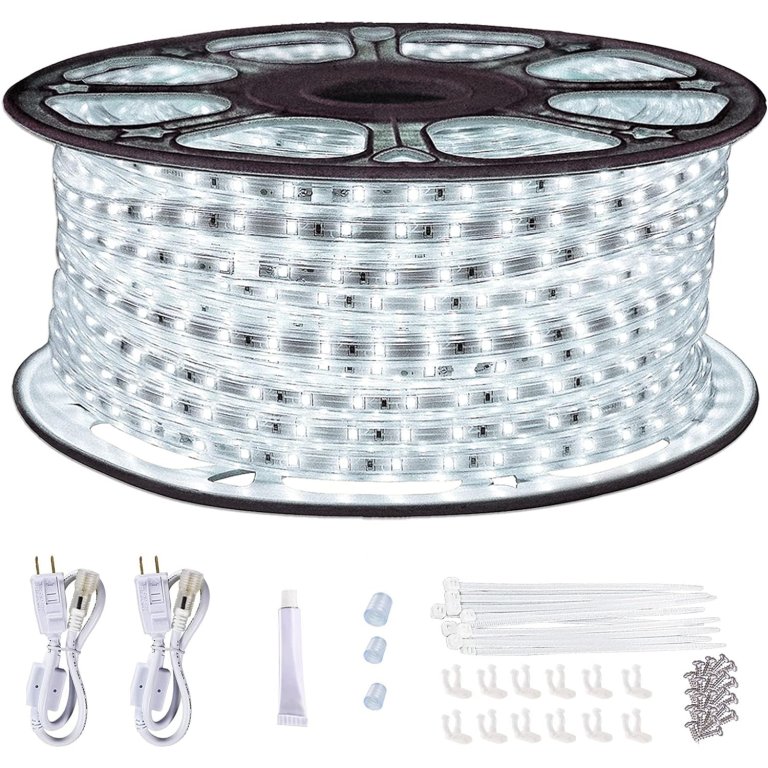  A roll of Surnie 150-Foot Waterproof Dimmable LED Strip Lights, installation pieces, and wall plugs.