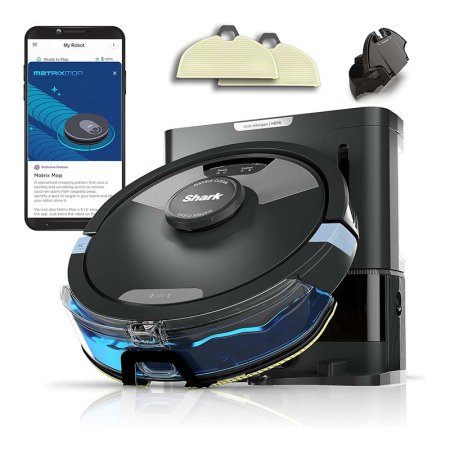  Shark brand black circular Self-Empty Robot Vacuum and Mop with accessories on white background