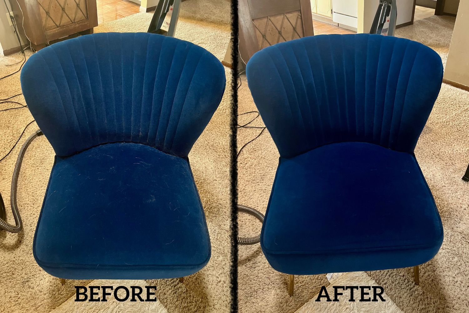 Side by side before and after of dirty navy chair and cleaned navy chair