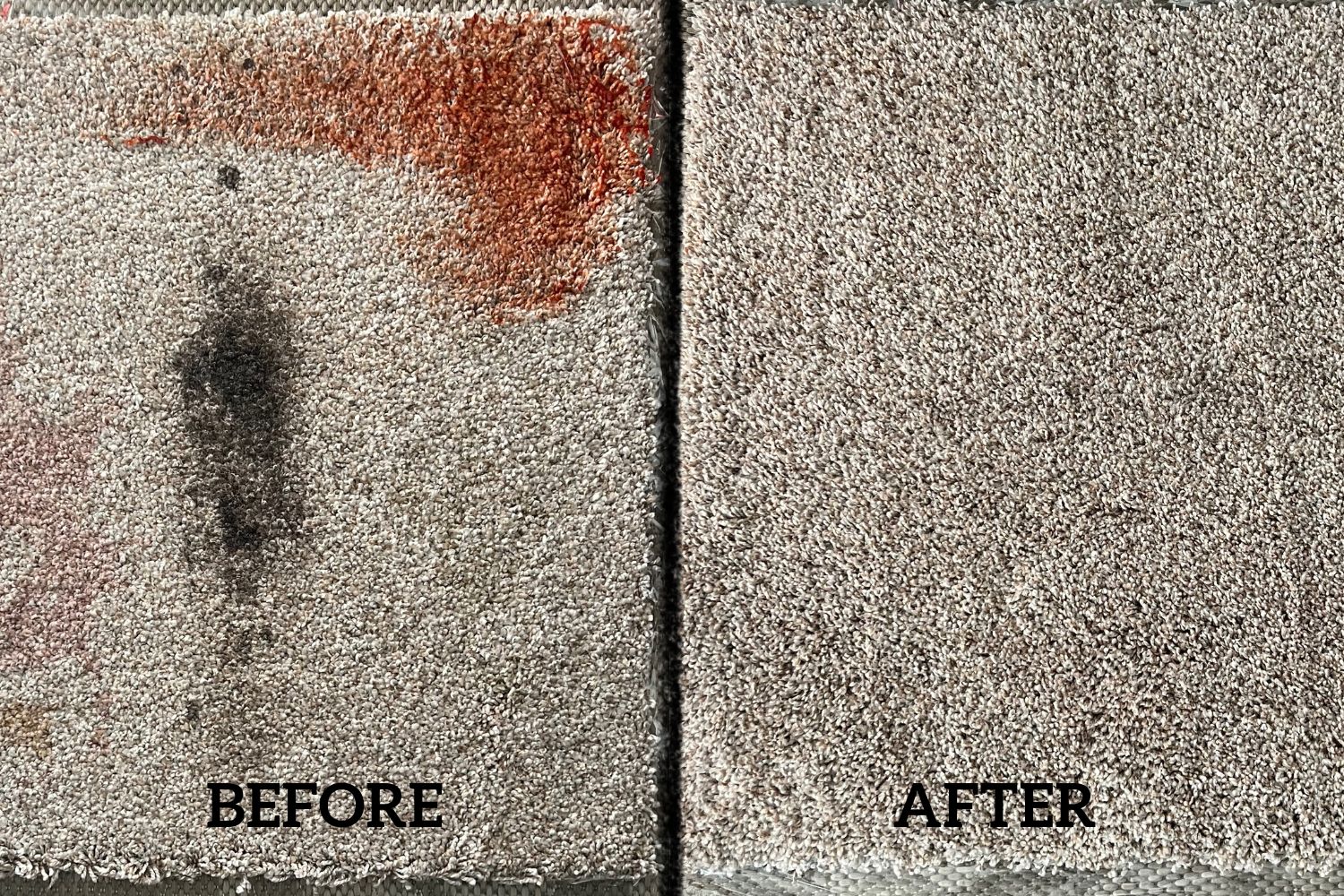 Side by side before and after photos of stained carpet and cleaned carpet