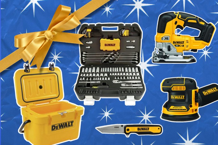 The best DeWalt gifts include a roto molded cooler, a ratchet set, pocket knife, jig saw, and orbital sander, all laid out on blue wrapping paper