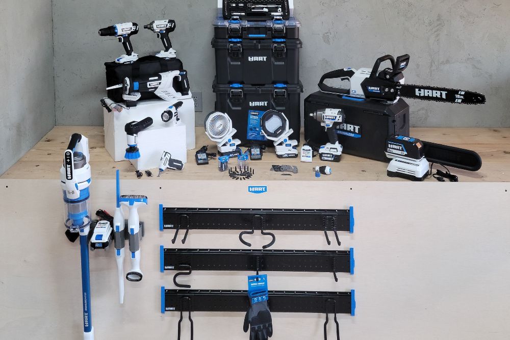 A large lineup of Hart Tools together on a workbench before testing.